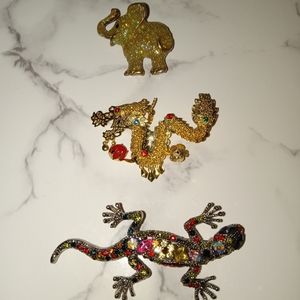 Set of 3 pins elephant, lizard, and dragon